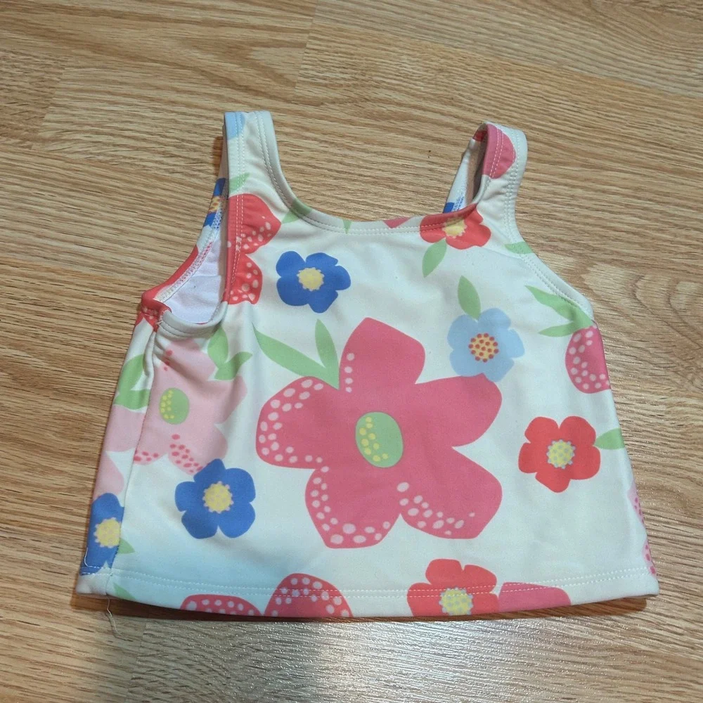 LL Bean Toddler Girls 4T‎ Floral Two Piece Swimsuit Tankini Skirted Pink Blue